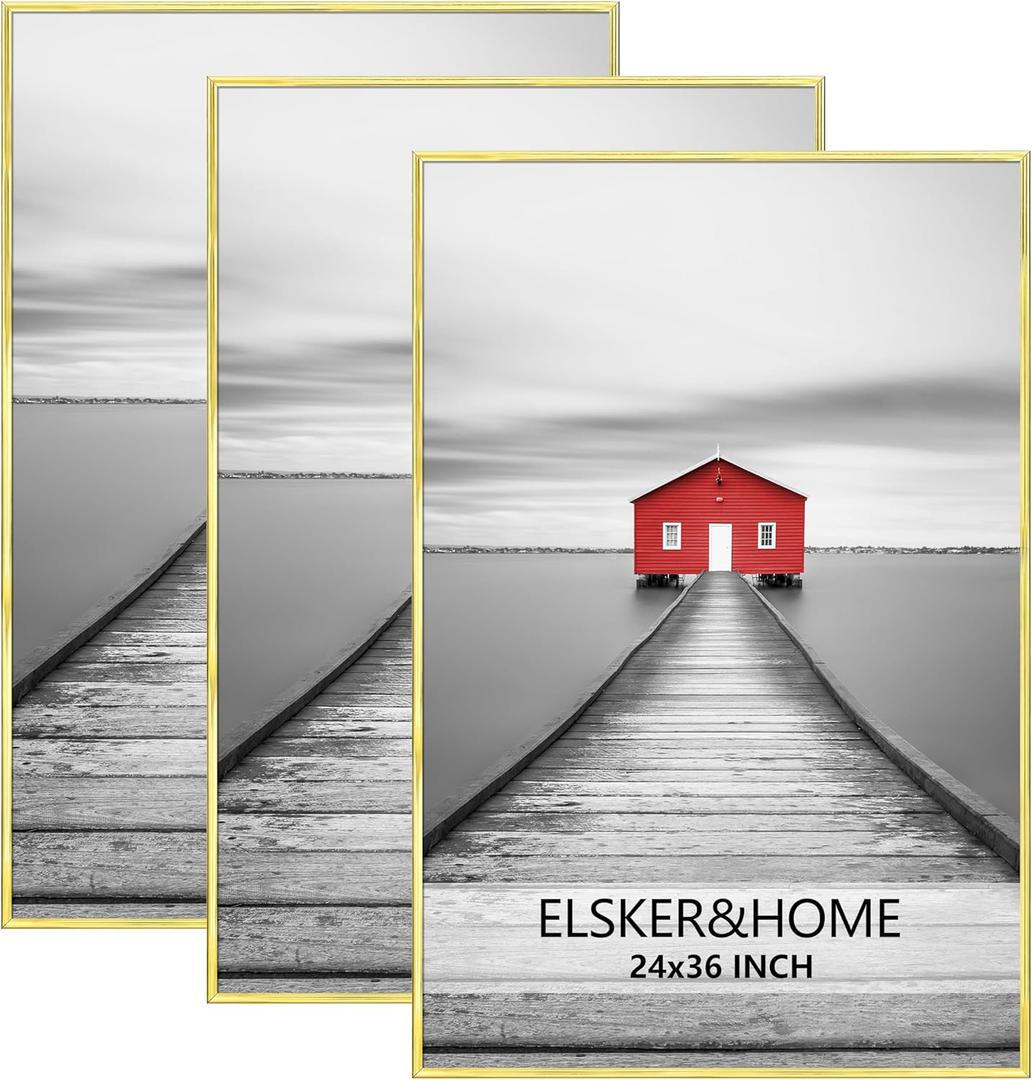 ELSKER&HOME 24x36 Poster Frame 3 Pack, Gold Picture Frame for Horizontal or Vertical Wall Mounting, Sturdy and Scratch-proof