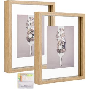 MUYE 8x10 Floating Frame Set of 2,Double Glass Rustic Photo Frame for Wall Hanging or Tabletop Standing,Display Any Size Photo up to 8x10,Natural