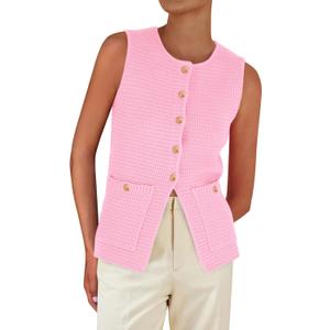 PRETTYGARDEN Women's 2026 Spring Sweater Vest Sleeveless Button Down Knit Cardigan Tank Tops Summer Business Casual Outfits (Pink, M)