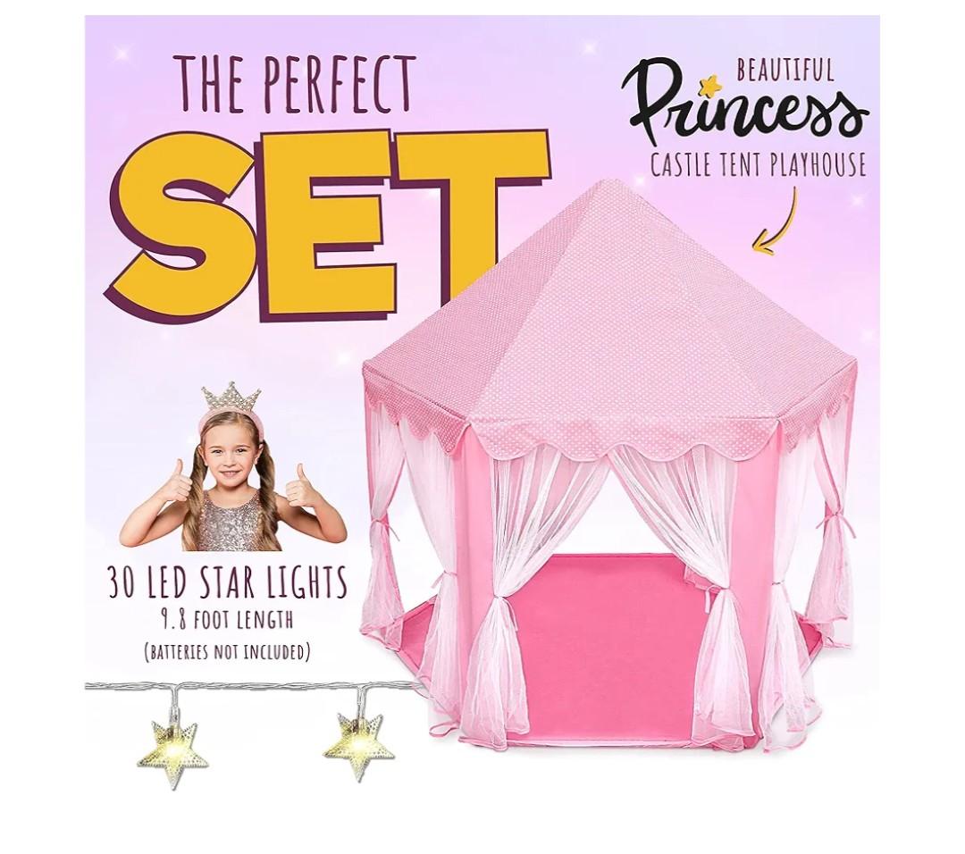 ORIAN Princess Castle Play Tent for Girls, LED Star Lights, Indoor & Outdoor Playhouse, Polyester, Pink, 55" x 53", Toddler & Kids Toys Ages 2–7