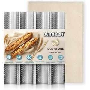 Anaeat Nonstick French Baguette Bread Pan with Thick Professional Proofing Cloth Dough Couche - Long Sourdough Bread Baking Pan Tray for Professional & Home Baker, Perforated Loaves Bake Mold Supplies (4 Loaves Pan, 4 Pcs (Silver))