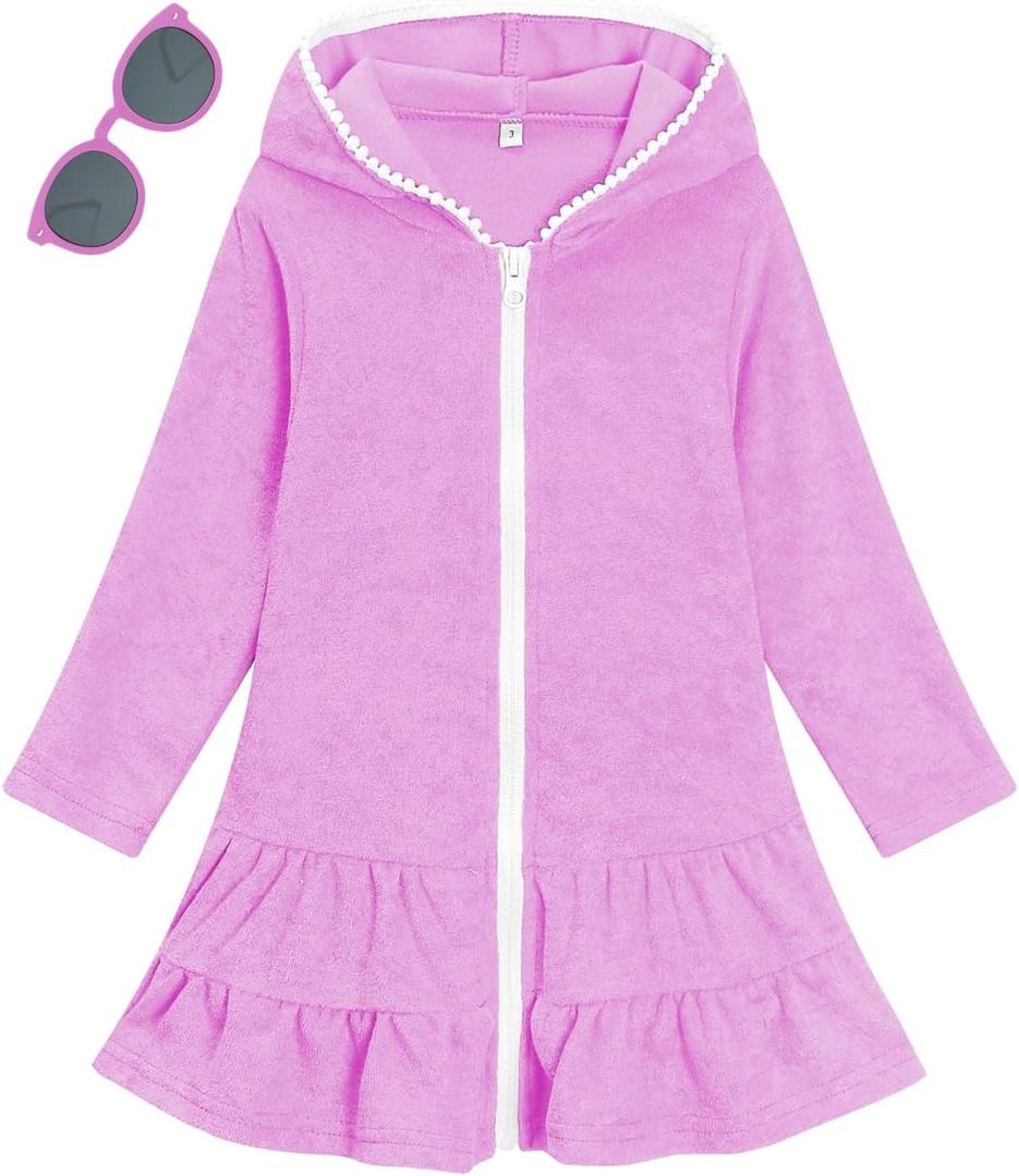 Girls Swim Cover Up Kids Long Sleeve Swimsuit Coverup Terry Beach Pool Clothes with Sunglasses, Size 8