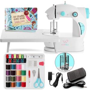 CraftBud Mini Sewing Machine for Beginners, Dual Speed Small Portable Sewing Machine for Kids and Adults with Extension Table, 48 Piece Gift Set Includes, Pedal, Projects Book, Light and More, White