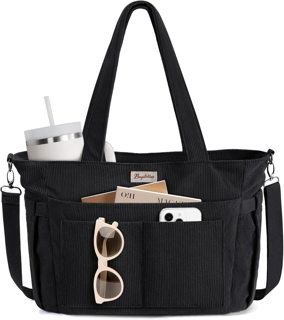 Bagstellar Corduroy Tote Bag for Women, 17 Pockets Laptop Work Tote Bag Lightweight Teacher Nurse Bible Bag for School Travel | with 40oz Cup Holder, Multi Compartment, Zipper Crossbody Bag, College Shoulder Bag, Daily Purse w/ Strap, Ideal Gift for Women (Black)