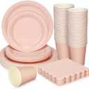 Ziliny 150 Pcs Disposable Party Dinnerware Supplies Set Includes 7'' 9'' Disposable Paper Plates 9oz Paper Cups Scalloped Cocktail Napkins for Baby Shower Birthday Wedding (Light Pink)