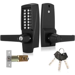 New Upgrade Mechanical Door Lock with Handle,Mechanical Push Button Lever Lock,Stainless Steel Mechanical Keyless Entry Door Lock with Key,Upgrade Adjustable Deadlatch 2-3/8'' and 2-3/4'' (Black)