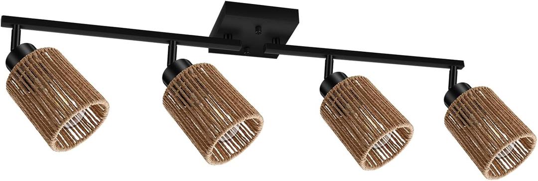 BoostArea 4 Light Track Lighting Kit, 4 Way Ceiling Spot Lighting with Handwoven Hemp Rope Lampshade, Flexibly Rotatable Light Head for Kitchen, Living Room, Bedroom, Bulb Not Included