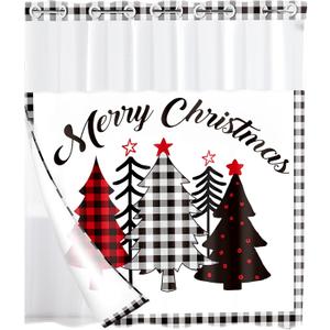 No Hook Christmas Shower Curtain with Snap in Liner, Double Layer Farmhouse Buffalo Plaid Xmas Tree Shower Curtain for Bathroom Hotel Decor, 71" x 74" (Grey)