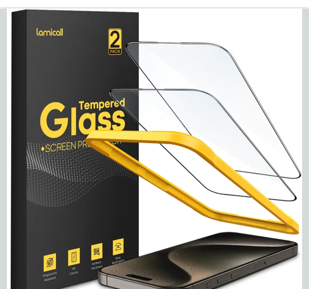 Lamicall Screen Protector for iPhone 15 Pro - [No White Edge] 2Pack, with Easy Mount Frame, Screen Protective Film, Anti-Fingerprint Protective Tempered Glass, Anti-Scratch, 9H