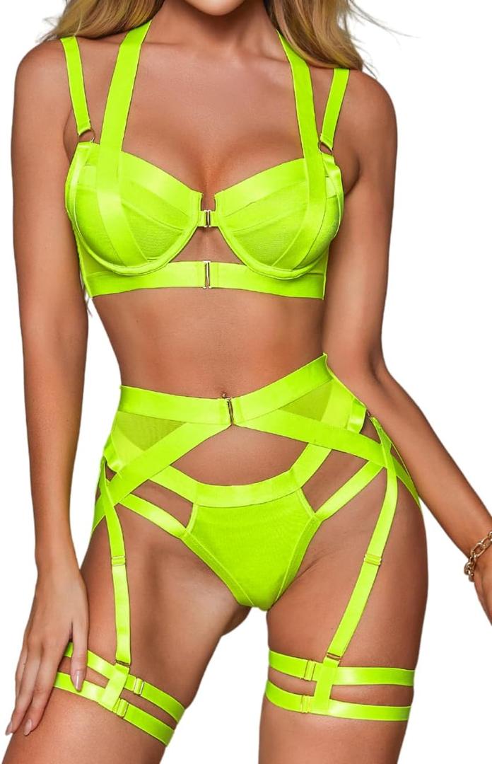 Kaei&Shi Strappy Harness, All Adjustable, Underwire Racerback, 4pc Garter Set (Neon Green)