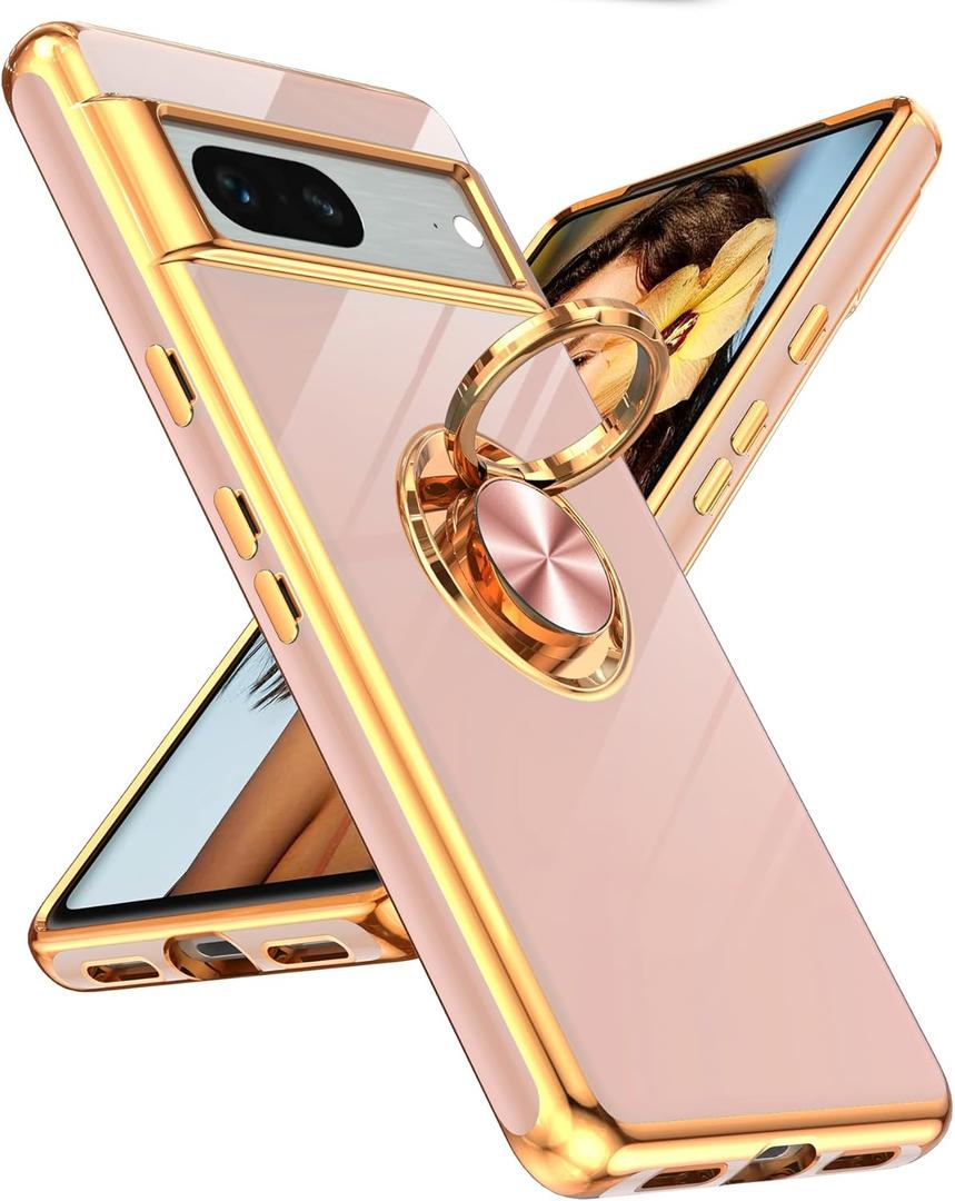 LeYi Case for Google Pixel 7 Pink | 360 Rotatable Ring Holder, Magnetic Kickstand, Plating Rose Gold Edge, Protective