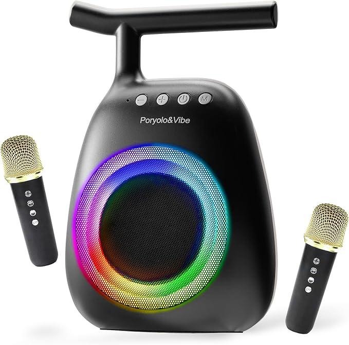 Karaoke Machine for kids Adults Portable Bluetooth Speaker with 2 Wireless Microphones LED lights Artistic Design 8-Hour Battery Support Family&party choice Fun for all ages Gifts, Black