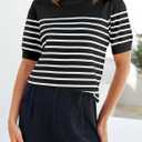 ZESICA Women's Casual Striped Tops Short Sleeve Crew Neck Ribbed Knit T Shirts Comfy Loose Basic Pullover Sweater (Black)