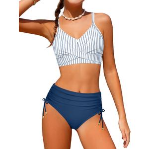 Teen Girls Swimsuits V-Neck Bikini Set Bathing Suits Cross Straps Two Piece Swimwear with Drawstring, Navy Blue, 17-18 Years
