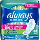 Always Ultra Thin Pads with Wings, Size 2, Long Super, 58 Count