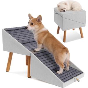 Dog ramp for Small Dogs, 2-in-1 Pet Steps & Ottoman - Foldable Dog ramp for Couch, Non-Slip Wooden Pet ramp for Puppy Senior Injured Dogs (Light Grey, XL(17.13H))