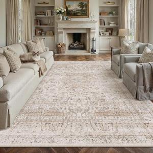 8x10 Washable Area Rug Beige Vintage Non Slip Soft Low Pile Rug for Living Room Bedroom Dining Room Office Distressed Oriental Indoor Large Throw Carpet for Home Decor