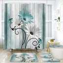 Onalasyc 4PCS Teal Daisy Country Farmhouse Shower Curtain Set with Shower Curtain and Carpet and Accessories, Waterproof Bathroom Shower Curtain Decorative Set with 12 pcs Hooks,71 x 71in