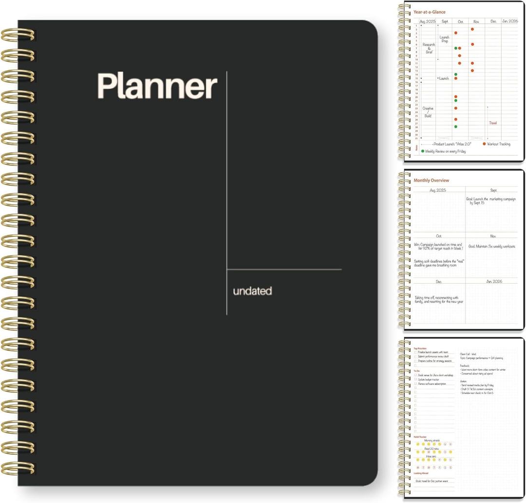Undated Weekly Planner, 8.5x11” – Dashboard Layout with Yearly Review, Monthly Calendars, & Weekly To Do List, Spiral Bound Organizer for Work, Study & Life (Black)