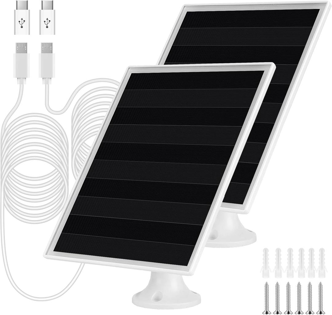 6W Solar Panel Charger, Solar Panel with Micro USB & USB-C Port for DC 5V Outdoor Rechargeable Battery Camera, IP66 Waterproof, 360 Adjustable Security Mount, 2PC