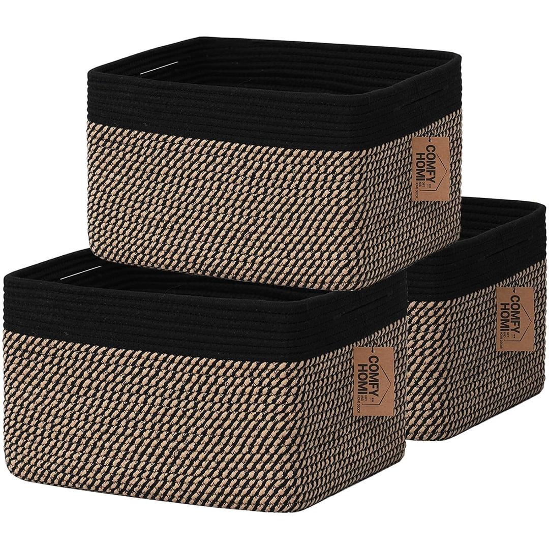 COMFY-HOMI 3PACK Cotton Rope Square Basket with Handles for Shelves| Dog Toy Bin and Storage| Baby Gift| Shoe Organizer| New 13.5" x 11" x 9.5" for Living Room (Black/Jute)