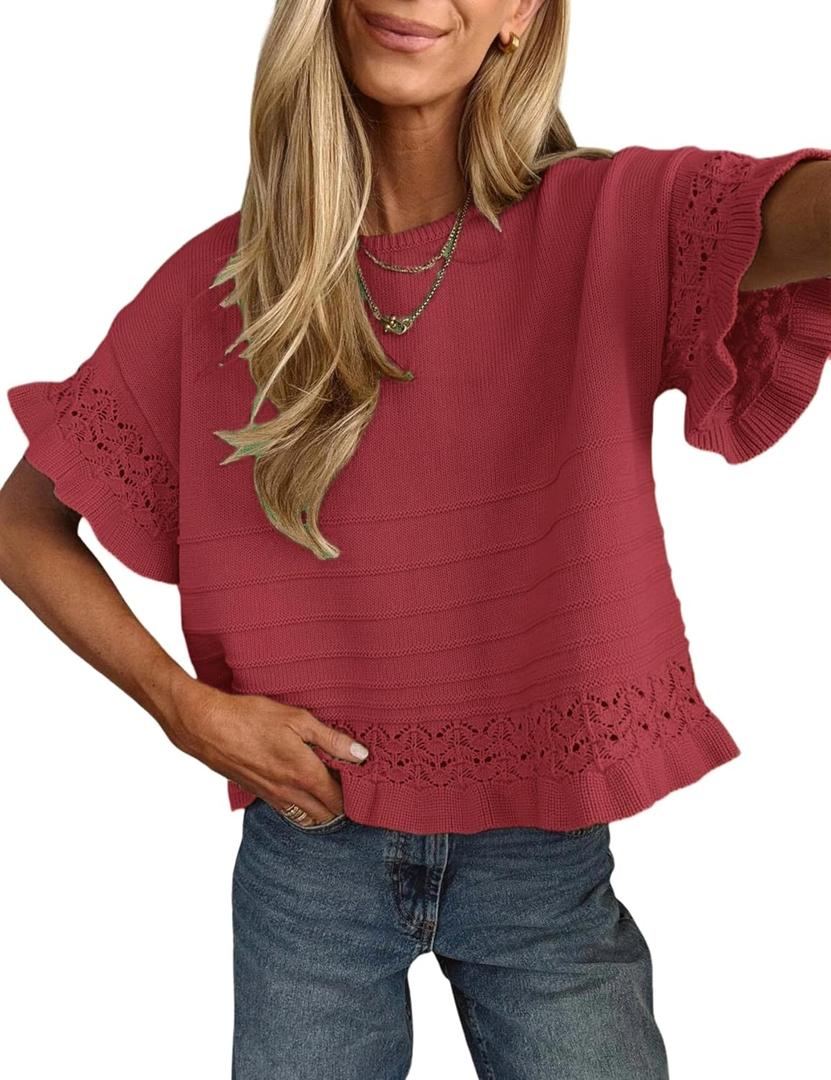 Yeokou Womens Short Sleeve Sweater Round Neck Ruffled Hem Knit Crochet Pullover Summer Fall Casual Top Blouse (Red, L)