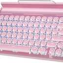 Retro Typewriter Wireless Mechanical Gaming Keyboard, Bluetooth 5.0 Office Computer Vintage Keyboards 83-Key Blue Switches Punk Round Keycap, LED Backlight, Compatible with PC/Laptop/Pad/Phone, Pink