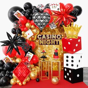 144PCS Dice Favor Boxes Casino Theme Party Decorations , Casino Balloon Arch Garland Kit Red Black Gold Dice Crown Poker Foil Balloons for Poker Las Vegas Game Night Casino Party Supplies