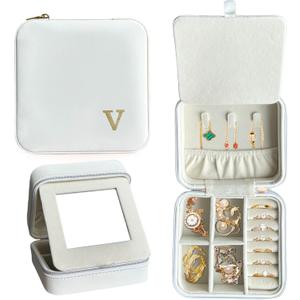 COLLECTIVE HOME - Travel Jewelry Case, Elegant Square Design with Gold Engraved Monogram, Built-in Mirror, Personalized Accessory Organizer for Rings, Necklaces, Gift for Women and Teens (v)