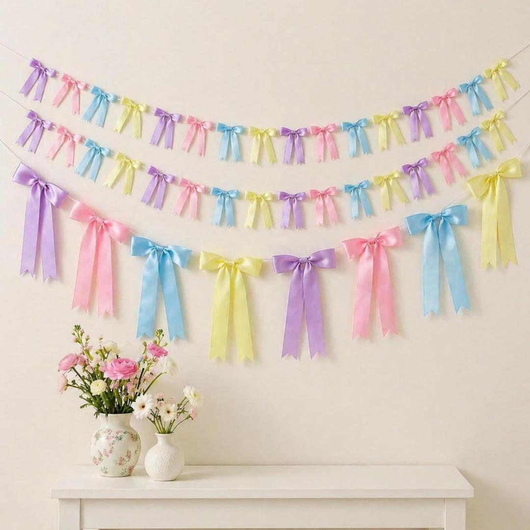 3 Pcs Pastel Bow Garland Banner Pre Strung Satin Ribbon Hanging Party Bow Garland Decoration for Easter Birthday Bachelorette Bridal Showers Engagement Wedding Party Supplies