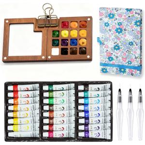 Mini Portable Watercolor Palette Set-Grid Paint Box with Binder Clips Include 24 Colors Paint - Brush*3 and Picture Album Art Materials Coloring Markers for Travel, Creative Drawing Kit for Beginners and Art Enthusiasts(Blue Wood-L)