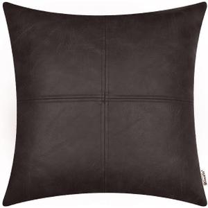 BRAWARM Dark Brown Leather Throw Pillow 18 X 18 Inches, Faux Leather Pillow Cover with Piping, Hand Stitched Leather Decorative Throw Pillow Covers for Couch Sofa Bed Living Room Garden