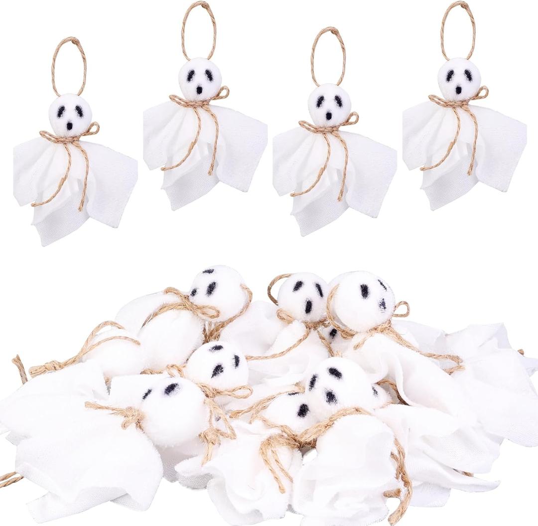 HOMIEE 20PCS Halloween Hanging Ghost Ornaments, 3 Inch Small Hanging Ghost Farmhouse Rustic Cloth Tree Ornaments for Haunted House Halloween Party Holiday Decor
