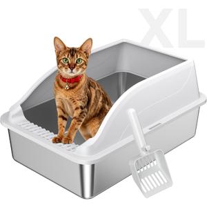 Stainless Steel Cat Litter Box, Extra Large XL Odor Free Metal Litter Box with High Sides Lid, Open Top Litter Pan Include Scoop Easy Cleaning Kitty Cat Box Anti-Urine Leakage, Non-Sticky