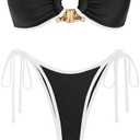 ZAFUL Metal Ring Bandeau Bikini Set Tie Side Bathing Suit High Cut 2 Piece Swimsuit Cutout Swimwear Size XS