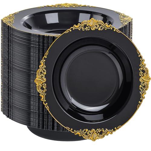 Joyido 100PCS Black Plastic Bowls - 12 oz Black Gold Disposable Salad Bowls - Heavy Duty Soup Serving Bowl - Fancy Plastic Candy Bowl for Weddings, Parties, Dinners, Catering, Picnics, Party