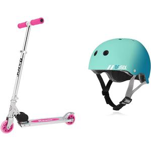 Razor A Kick Scooter for Kids and 80Six Dual Certified Kids Bike, Skate, Scooter Helmet, Surf Green Teal Fade, Small/Medium Bundle