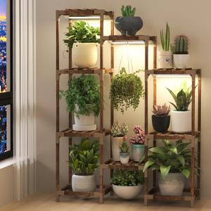 HOMKIRT Plant Stand with Grow Light, Lighted Plant Shelf Indoor for Multiple Plants, Wood Tall Plant Rack with Grow Lights Flower Stand for Corner, Living Room, Patio, Garden