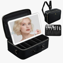 Large Makeup Bag with LED Mirror, Travel Cosmetic Train Case for Makeup Artists, Makeup Organizer Case with Divider Rechargeable Vanity Mirror with 3 Color Lights for Barber, MUA, Nail Tech, Black