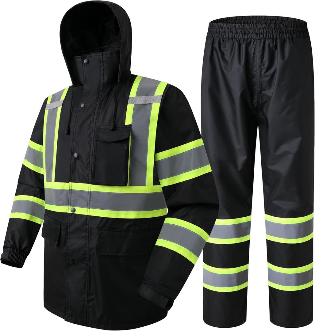 JKSafety Hi-Vis Reflective Safety Rain Jacket and Pants for Men Women Waterproof Rain Gears for Farming Fishing Work HV Rain Suit with Inner Mesh Lining and Pockets (117-Black XL)