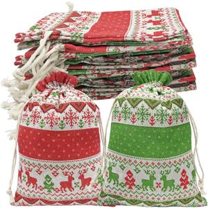 Jexila 24PCS Christmas Burlap Gift Bags 6X9 Inch Large Christmas Drawstring Goody Candy Treat Bags Reusable Christmas Linen Party Favor Pouch Jute Holiday Small Presents Wrapping Bags