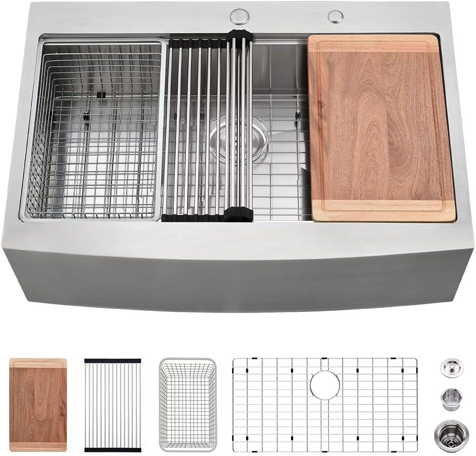 33 Inch Drop In Farmhouse Sink Workstation-VASOYO 33x22 Drop In Apron Front Kitchen Sink Workstation Stainless Steel Farmhouse Kitchen Sink 16 Gauge Deep Single Bowl Kitchen Farm Sink with Accessories