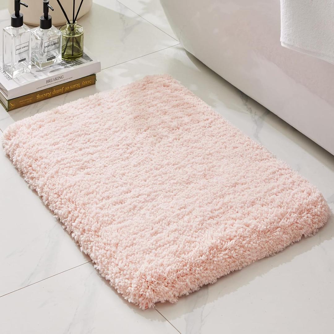 Bathroom Rugs, Ultra Thick Shaggy Soft Microfiber Absorbent Bath Rug, High Density Foam Latex Non Slip Backing, Machine Washable Bath Mats for Bathroom Floor & Sink 24x17, Pink