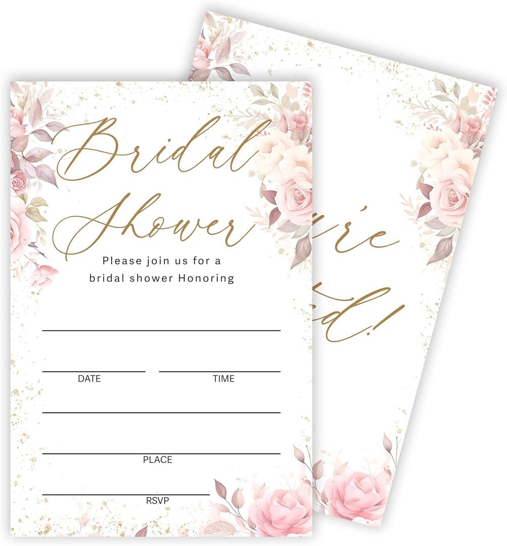 Bridal Shower Invitation Card (4"x6") - Set Of 25 Wedding Invitations With Envelope - Floral White & Blue Watercolor Flowers Invites For Bridal Shower Party - Engagement Party Supplies - A08
