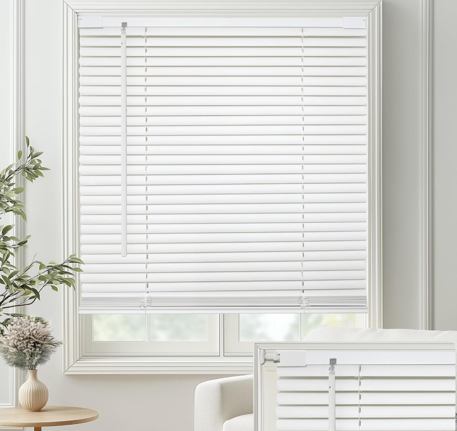 MYshade No-Drill Cordless Horizontal Mini Blinds – 35" W x 48" H Tool-Free Inside Mount Window Blinds with 1" Vinyl Slats, Light Filtering & Privacy, Child & Pet Safe, White