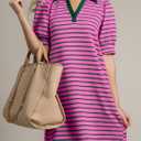 BLENCOT Women's Casual Polo V Neck T Shirt Striped Dress Summer Puff Short Sleeve MIdi Dresses (Pink, L)