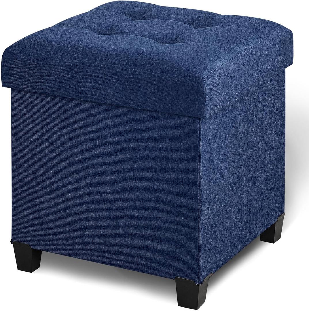 17.7" Ottoman with Storage, Square Storage Ottoman for Dorm, Linen Ottomans with Legs for Living Room, Bedroom, Blue, 17.7" X 17.7" X 19.9"