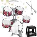 Kids Drum Set for Toddlers Musical Jazz Drum with Stool Toys for 3-5 4-6 5-7 Boys Girls Birthday, Red