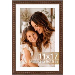 Solid Wood 11x17 Picture Frame Beaded Frame with 9x15 Mat, Rustic Vintage 11 by 17 Photo Frame Matted with Plexiglass for Wall Display, Brown