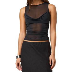 Aopwsrlyi Women Summer Sheer Mesh Tank Top Sleeveless Cowl Neck See Through Ruched Tank Tops (Small, Black)